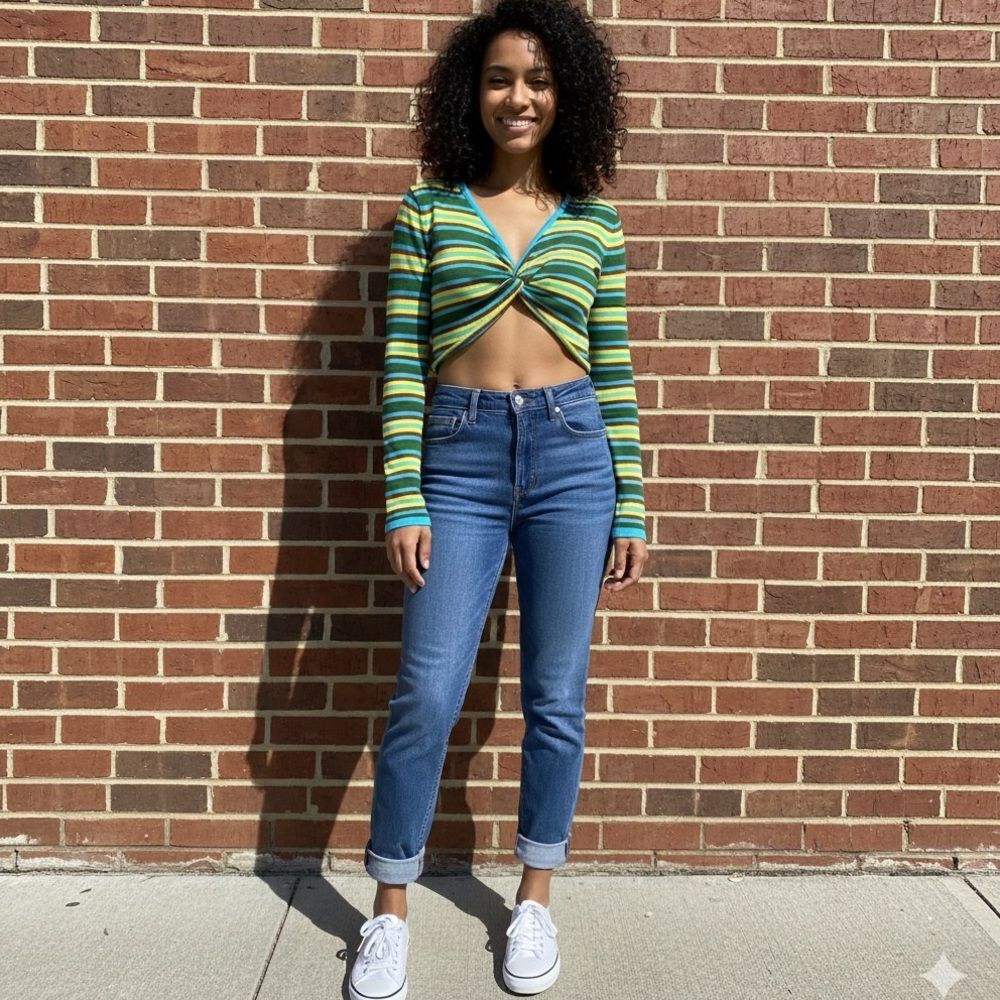 Commense NWT Green and Black Long Sleeve Crop Blouse